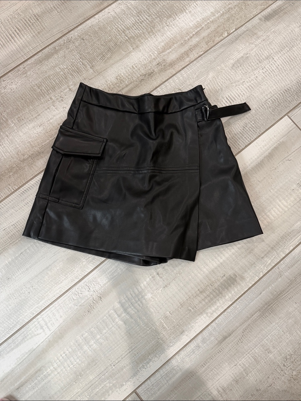Zara Black Faux Leather Cargo Skort with Belt Detail